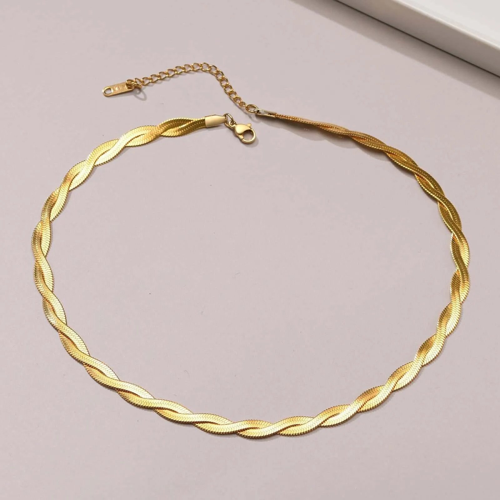 18K Gold Plated Twists Knitted Double Layer Snake Bone Chain Necklace