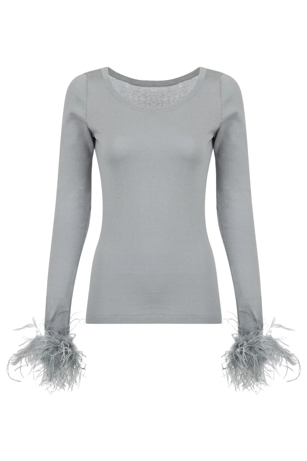 Grey Knit Top With Detachable Feather Cuffs