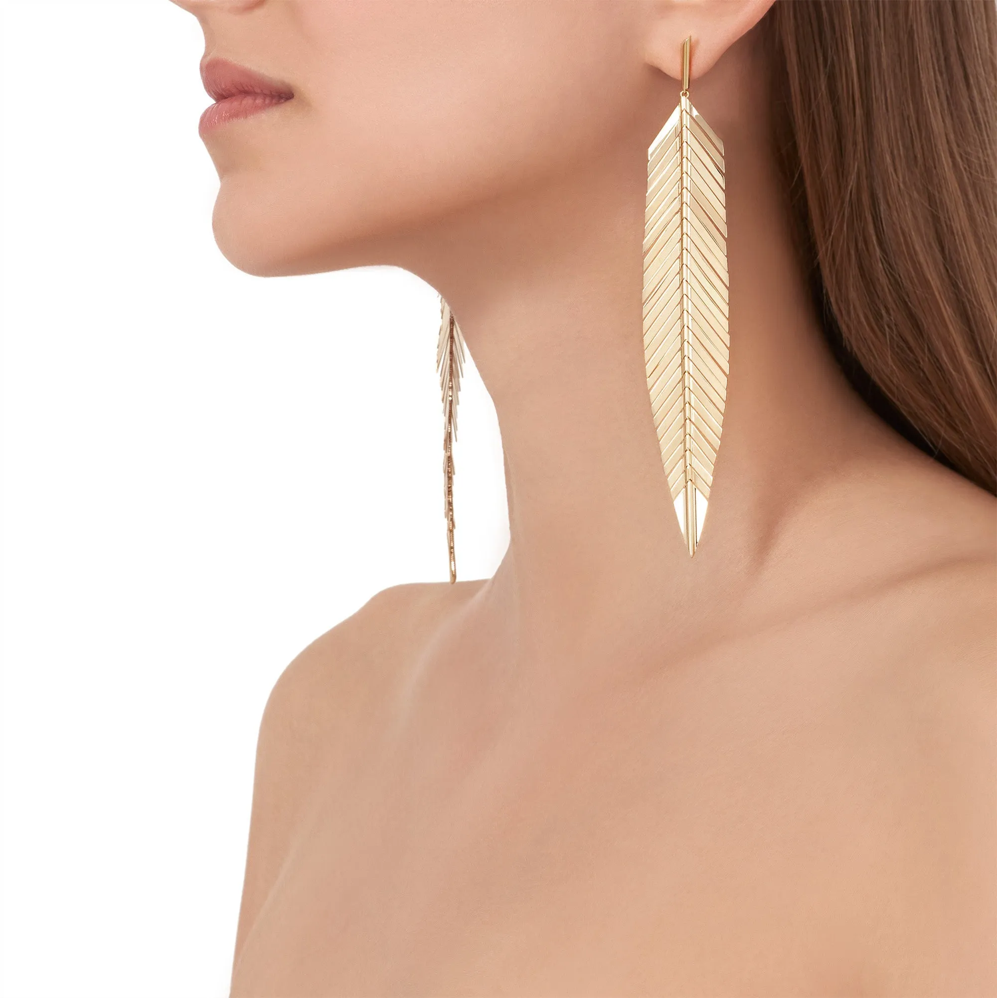 Large Yellow Gold Feather Earrings