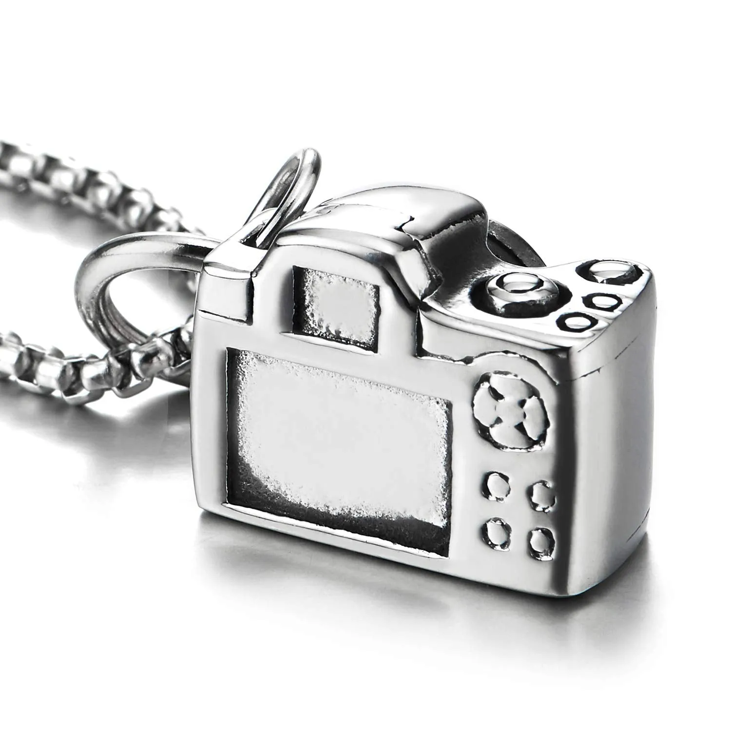 Mens Womens Stainless Steel Vintage Camera Pendant Necklace with 30 inches Wheat Chain, Unique