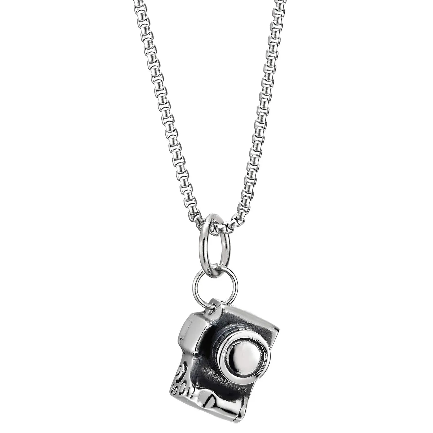 Mens Womens Stainless Steel Vintage Camera Pendant Necklace with 30 inches Wheat Chain, Unique