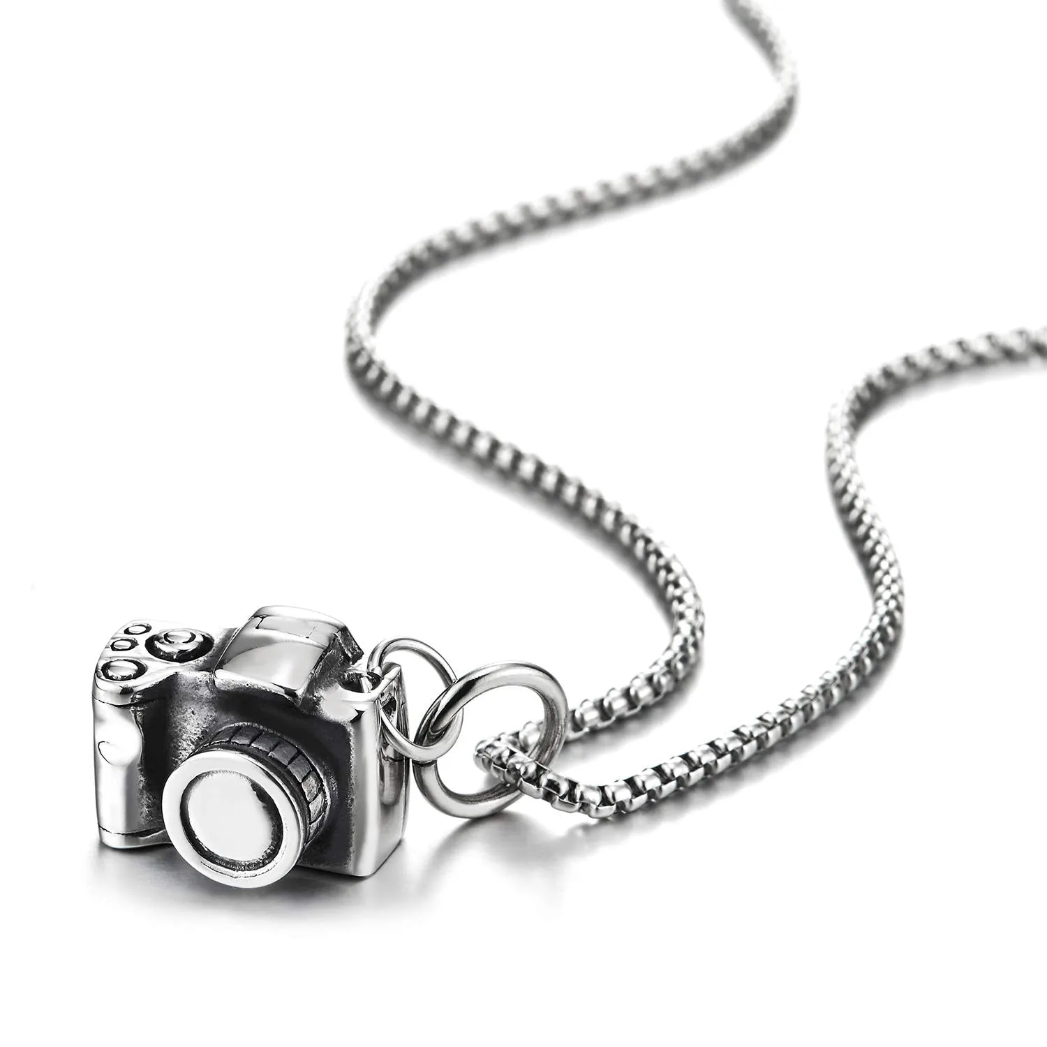 Mens Womens Stainless Steel Vintage Camera Pendant Necklace with 30 inches Wheat Chain, Unique