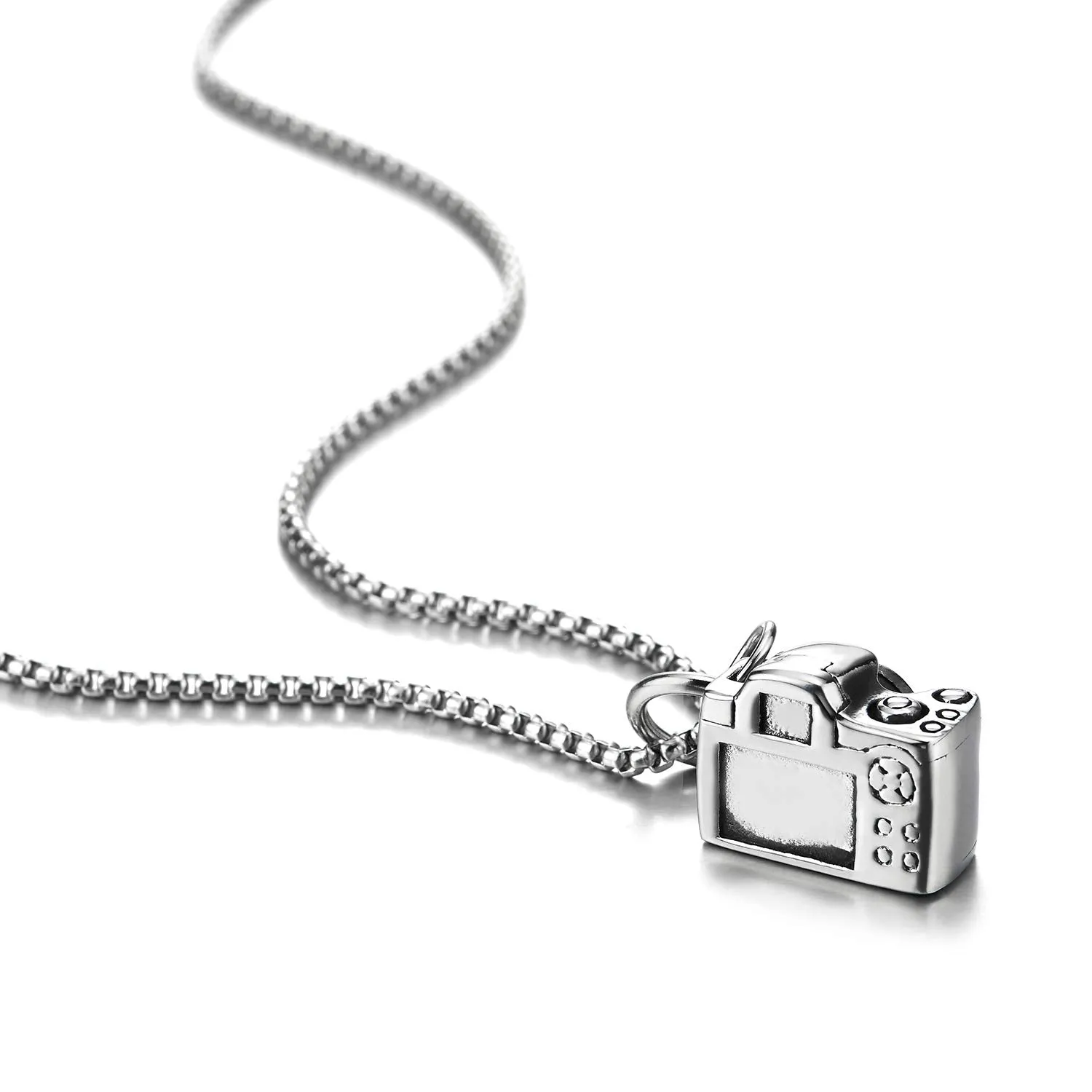 Mens Womens Stainless Steel Vintage Camera Pendant Necklace with 30 inches Wheat Chain, Unique