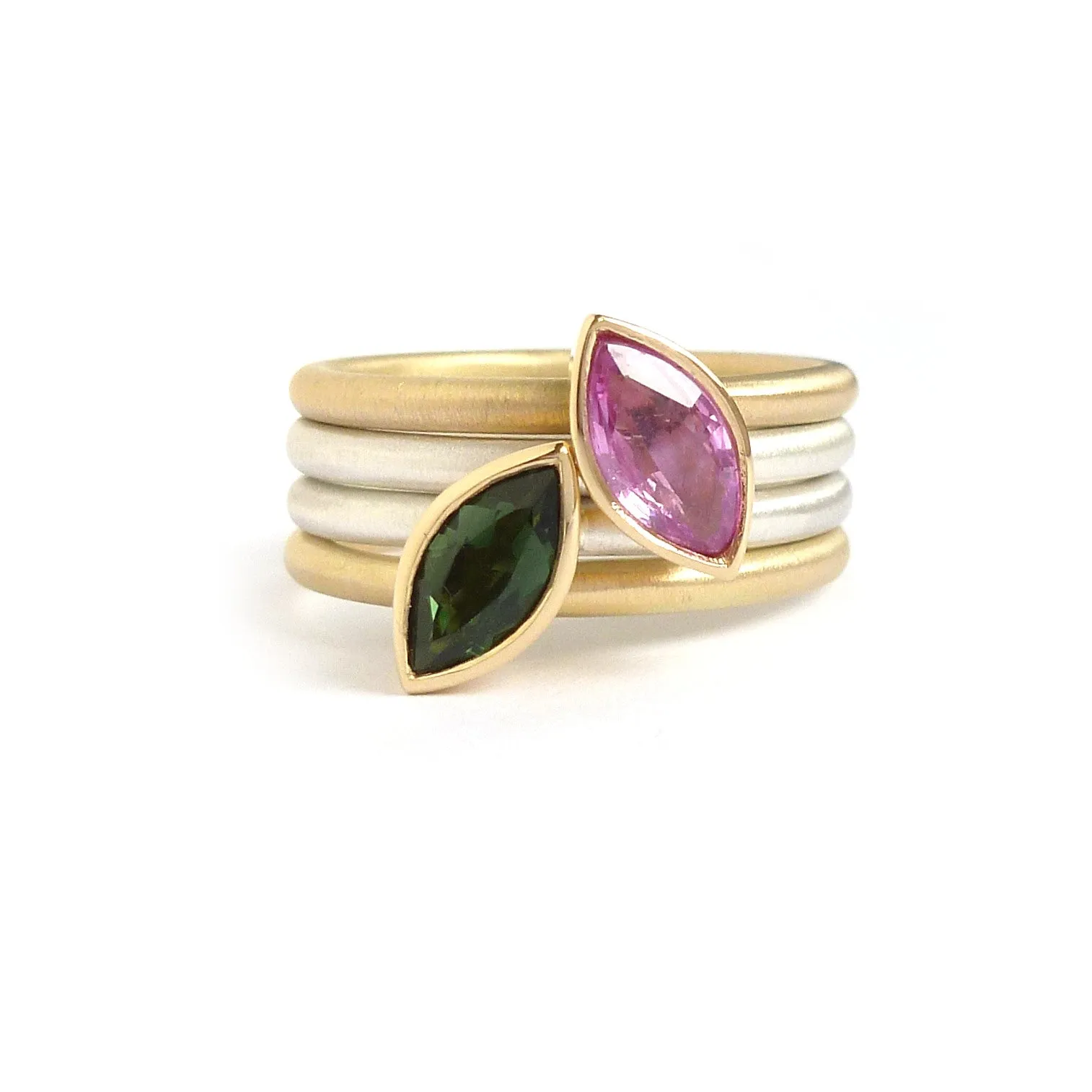 Silver, 18ct Gold Pink Sapphire and Green Tourmaline Stacking Ring Set