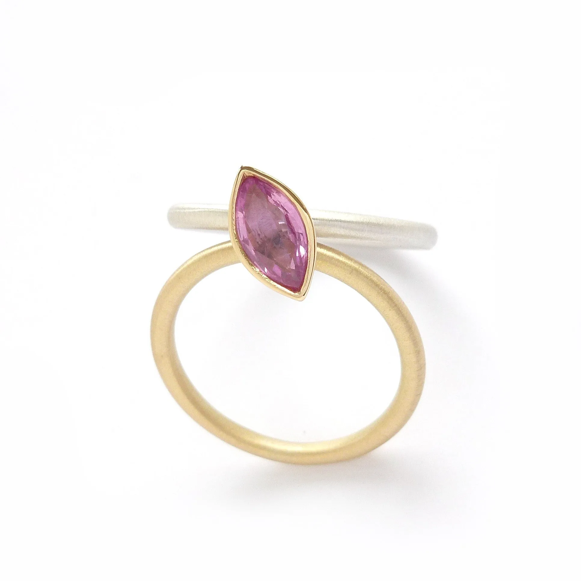 Silver, 18ct Gold Pink Sapphire and Green Tourmaline Stacking Ring Set