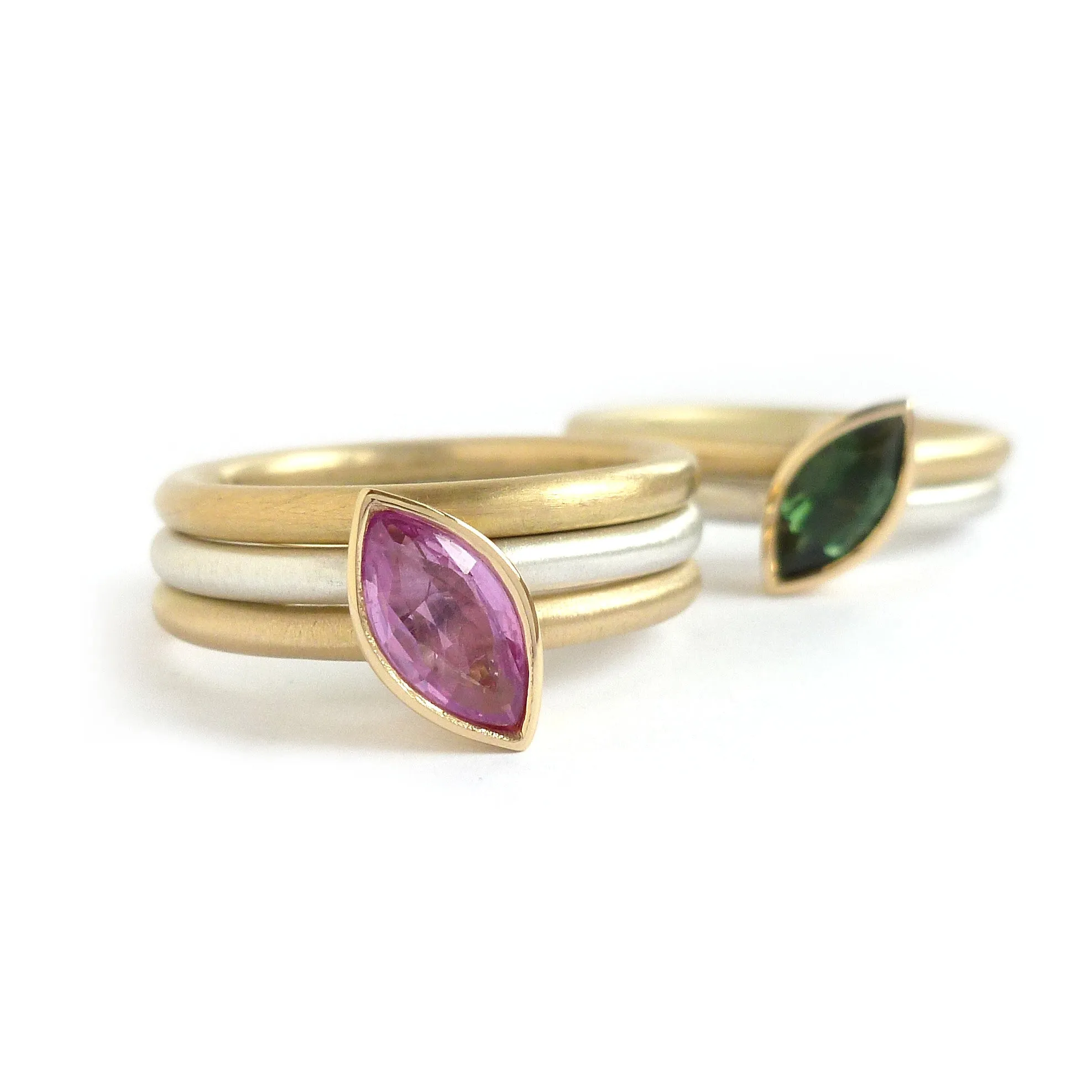 Silver, 18ct Gold Pink Sapphire and Green Tourmaline Stacking Ring Set