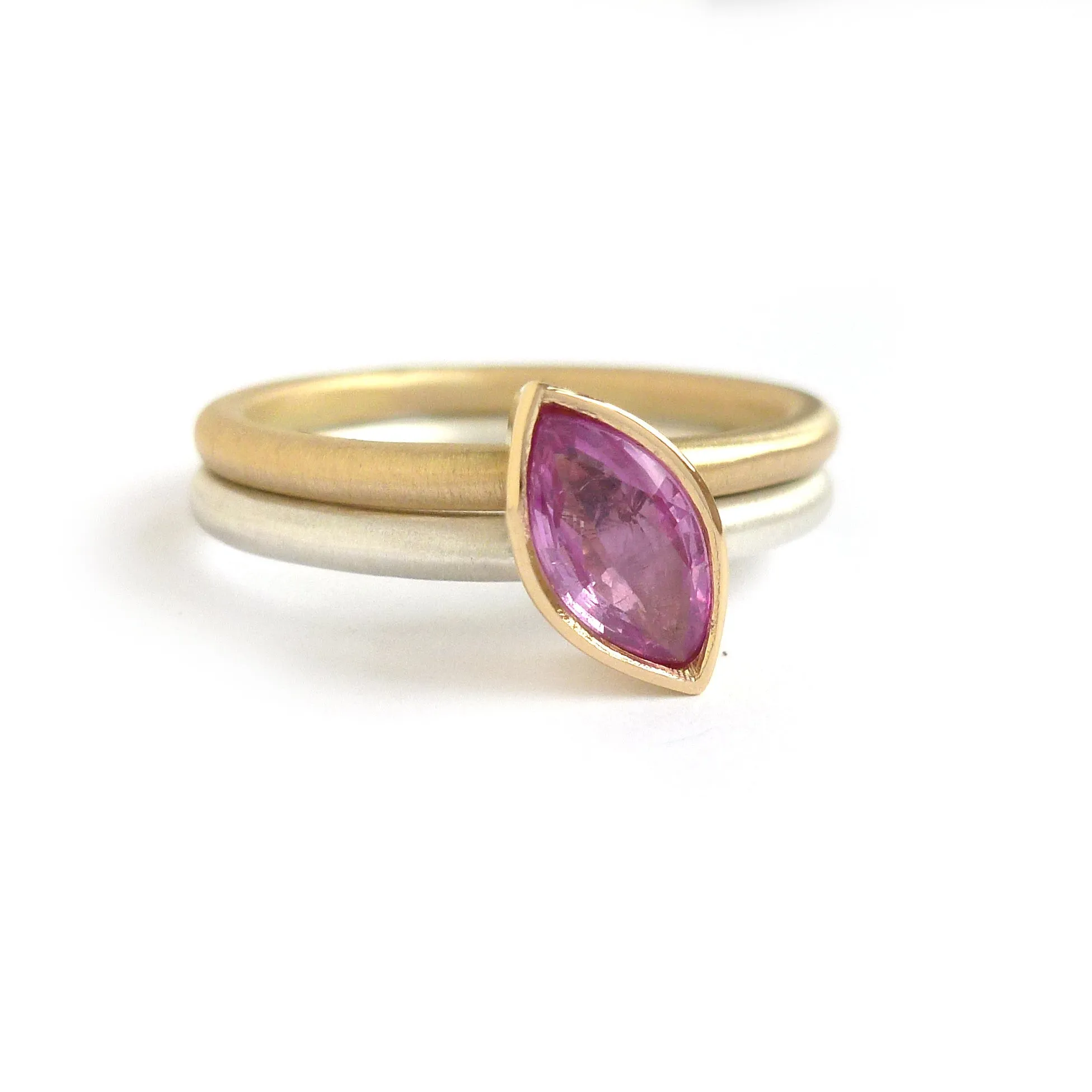Silver, 18ct Gold Pink Sapphire and Green Tourmaline Stacking Ring Set