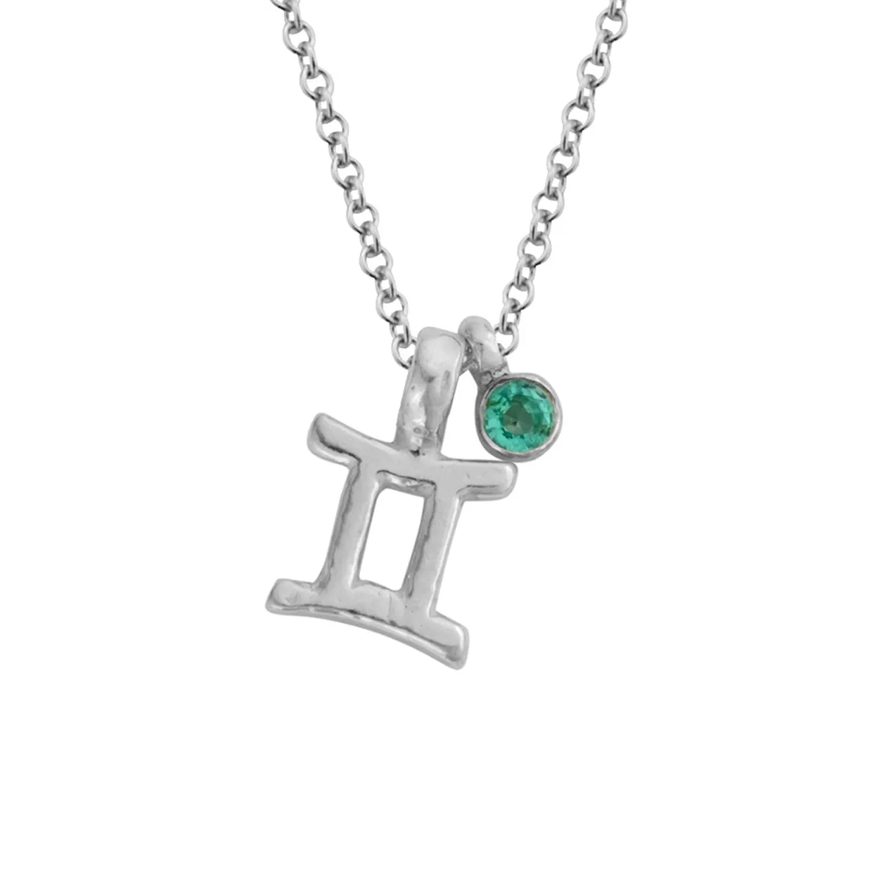 Silver Mini Gemini Horoscope & Emerald Birthstone Necklace