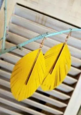 Yellow Leather Feather Earring